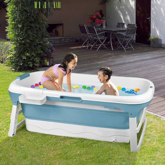 TRMLBE Badewanne Erwachsene Faltbare 148 x 62 x 52cm PP+TPE Badewanne Klappbar Tragbar Mobile Bathtub mit Abnehmbare Abdeckung und Griff - Blau