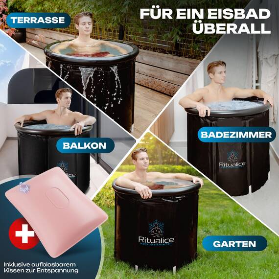 Ritualice® Premium Eisbad XL (80 cm Ø) TESTSIEGER - Eistonne Set mit Deckel und Stoffbezug - Eisbaden ideal für Kryotherapie und Regeneration - Eisfass mit 5-Facher Isolierung