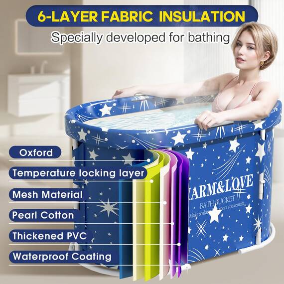 Faltbare Badewanne für Dusche, Freistehende Badewanne für Heißes Bad und Eisbad, Tragbare Eisbadewanne für Erwachsene (Sternenblau, Oval-Medium)