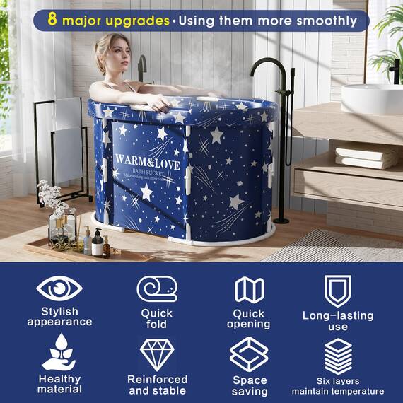 Faltbare Badewanne für Dusche, Freistehende Badewanne für Heißes Bad und Eisbad, Tragbare Eisbadewanne für Erwachsene (Sternenblau, Oval-Medium)