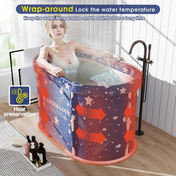 Faltbare Badewanne für Dusche, Freistehende Badewanne für Heißes Bad und Eisbad, Tragbare Eisbadewanne für Erwachsene (Sternenblau, Oval-Medium)