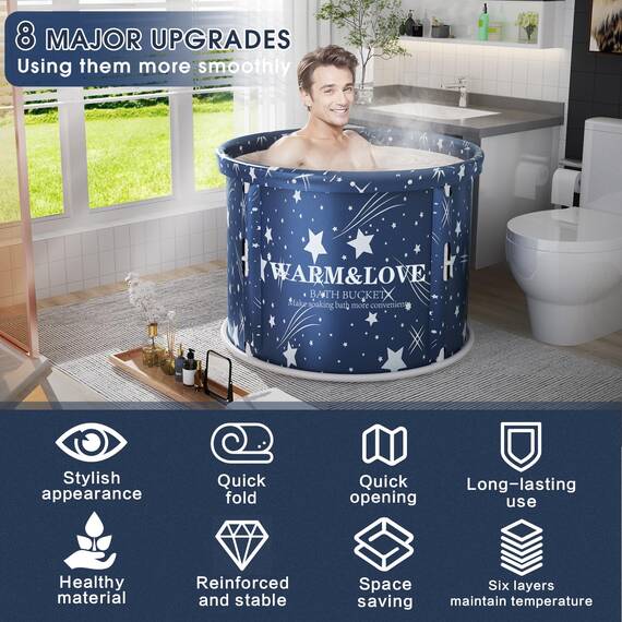 Faltbare Badewanne Erwachsene,Tragbare Freistehende Eisbadewanne, Familienbad Spa Badewannen Ideal für Die Dusche und Eisbad, Nicht aufblasbare und verdickte Halterung (Sternenblau-Large)