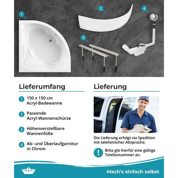 Calmwaters® Eckbadewanne Komplettset 150x150 cm Curved Wellness, Made in EU, 4in1 Acryl-Wanne mit Schürze, Wannenfüßen & Ablaufgarnitur, Duowanne mit integriertem Sitz, Eckwanne 150 x 150, Weiß