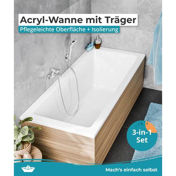 Calmwaters® Rechteck Badewanne Komplettset 170x75 cm mit Wannenträger & Ablaufgarnitur, Körperformwanne, Set Acryl-Badewanne komplett, Rechteckbadewanne Modern Square 170 x 75 cm, Weiß
