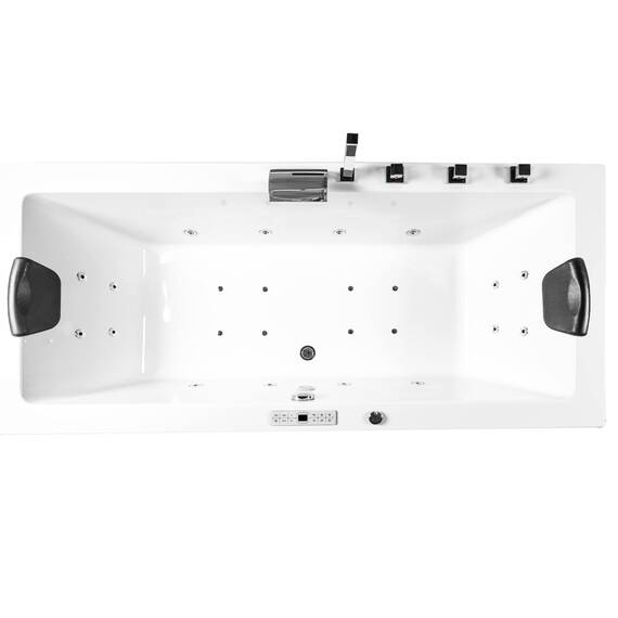 Basera® Classic Indoor Whirlpool Badewanne Naxos mit 24 Massagedüsen, Wasserfall, LED-Ambiente, Touchpanel, Bluetooth und Radio (200 x 90 x 62 cm)