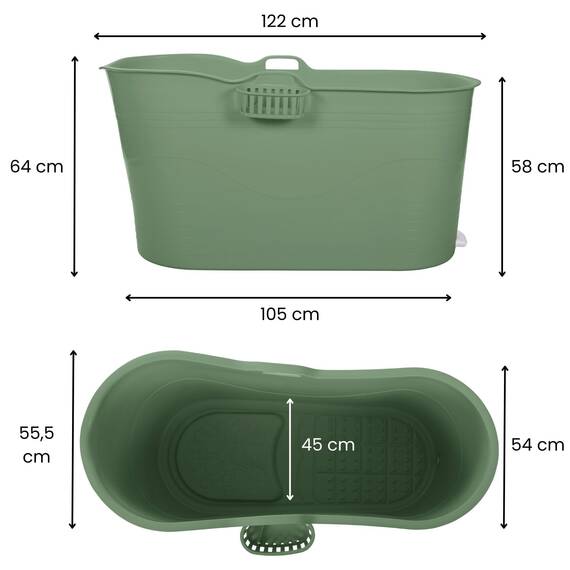 HelloBath® Mobile Badewanne XL 122x56x64 cm für Erwachsene | Tragbare Sitzbadewanne mit verlängerbarem Ablaufschlauch (3 m) & Wasserhahn | Badewanne für Dusche & Outdoor | Grün
