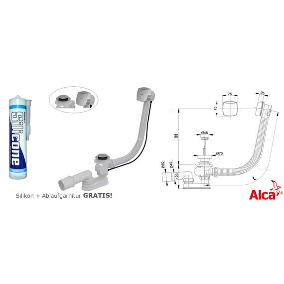 ECOLAM Badewanne Wanne Rechteck Classic Polimat Acryl weiß 150x70 cm + Schürze Ablaufgarnitur Ab- und Überlauf Automatik Füße Silikon Komplett-Set (150x70 cm)