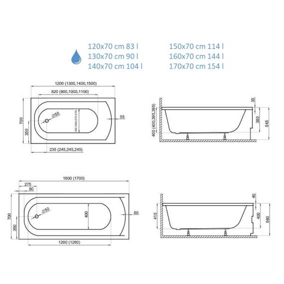 ECOLAM Badewanne Wanne Rechteck Classic Polimat Acryl weiß 150x70 cm + Schürze Ablaufgarnitur Ab- und Überlauf Automatik Füße Silikon Komplett-Set (150x70 cm)