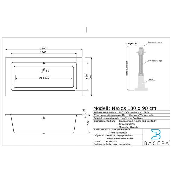 Basera® BASIC Indoor Whirlpool Badewanne Naxos mit 16 Massagedüsen, Wasserfall, LED-Ambiente