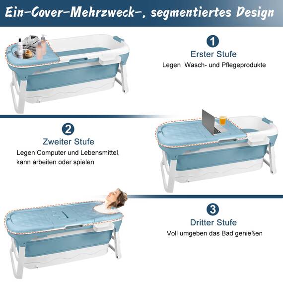 Aufun Faltbare Badewanne XXL 128 x 62 x 52 cm, Ideal für Badezimmer, Dusche und Balkon, Mit Abdeckung & Massagerollen, Seifenkorb, dicker Kunststoff tragbare Wanne - Blau, HAG1312B, 128 x 62 x 52CM