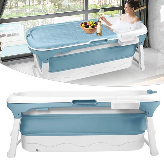 Aufun Faltbare Badewanne XXL 128 x 62 x 52 cm, Ideal für Badezimmer, Dusche und Balkon, Mit Abdeckung & Massagerollen, Seifenkorb, dicker Kunststoff tragbare Wanne - Blau, HAG1312B, 128 x 62 x 52CM