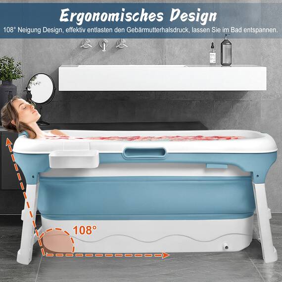Aufun Faltbare Badewanne XXL 128 x 62 x 52 cm, Ideal für Badezimmer, Dusche und Balkon, Mit Abdeckung & Massagerollen, Seifenkorb, dicker Kunststoff tragbare Wanne - Blau, HAG1312B, 128 x 62 x 52CM