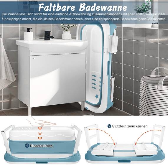 Aufun Faltbare Badewanne XL 148 x 62 x 53 cm, Ideal für Badezimmer, Dusche und Balkon, Mit Abdeckung & Massagerollen, Seifenkorb, dicker Kunststoff tragbare Wanne - Blau, HAG1313C