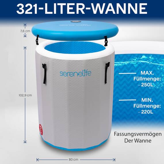 SereneLife Aufblasbare Eistonne – 322 L Kältebad für 1 Person mit Deckel, Drop-Stitch-PVC & Doppeldichtung, robuste Eisbad-Wanne zur Regeneration für Sportler
