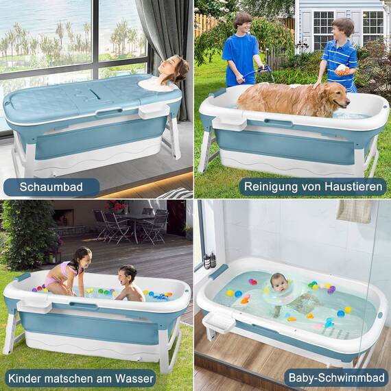 Aufun Faltbare Badewanne XXL 128 x 62 x 52 cm, Ideal für Badezimmer, Dusche und Balkon, Mit Abdeckung & Massagerollen, Seifenkorb, dicker Kunststoff tragbare Wanne - Blau, HAG1312B, 128 x 62 x 52CM