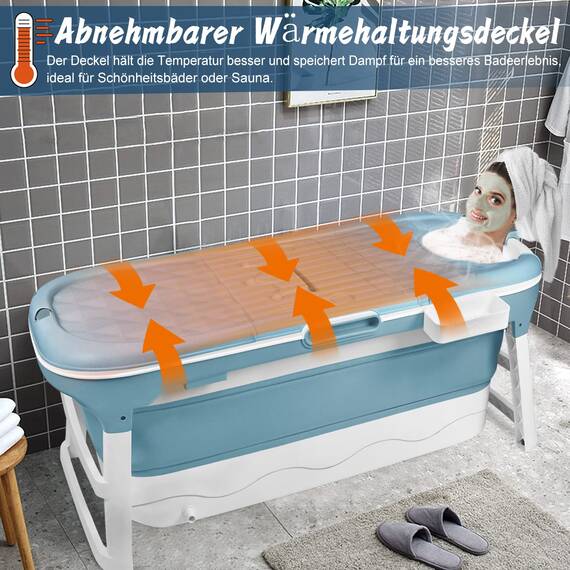 HENGMEI Faltbare Badewanne Erwachsene XXL Mobile Tragbare Badewanne Mit Abdeckung Massagerollen und Badewannenablage, Blau (148 x 62 x 53 cm)