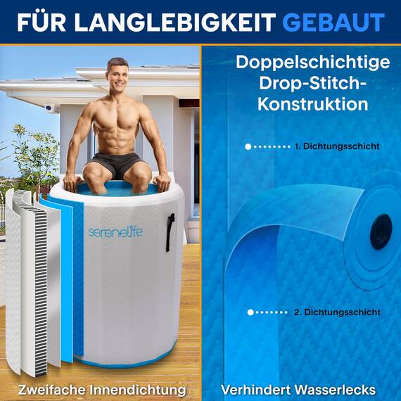 SereneLife Aufblasbare Eistonne – 322 L Kältebad für 1 Person mit Deckel, Drop-Stitch-PVC & Doppeldichtung, robuste Eisbad-Wanne zur Regeneration für Sportler