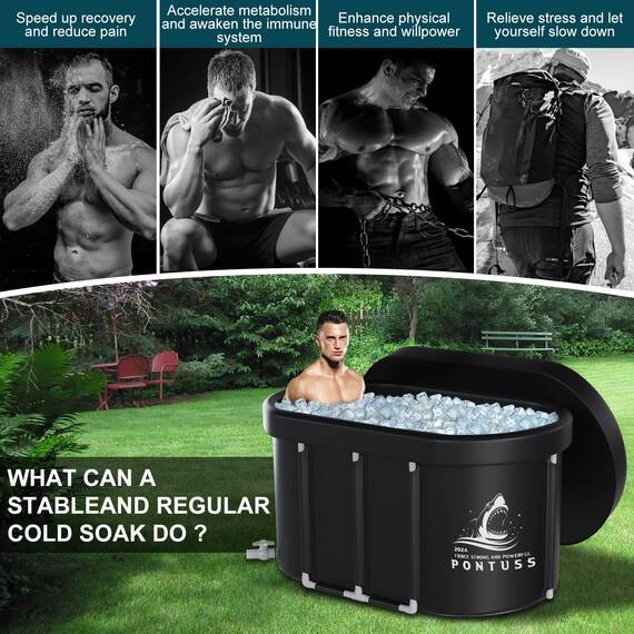 XL Eisbadewanne für Sportler – 300 Liter tragbare kalte Tauchwanne mit Abdeckung für den Außenbereich, Garten, Hof, verbesserter Rahmen, zusammenklappbare Eiskapsel für Erwachsene, kaltes Wasser unter