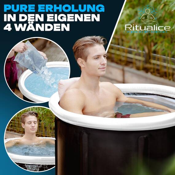 Ritualice® Premium Eisbad XL (80 cm Ø) TESTSIEGER - Eistonne Set mit Deckel und Stoffbezug - Eisbaden ideal für Kryotherapie und Regeneration - Eisfass mit 5-Facher Isolierung