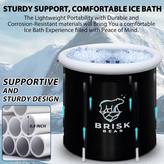 Eisbad für Sportler mit Abdeckung von Brisk Bear – extra große kalte Tauchwanne zur Erholung – Aufblasbares Eisbad Tauchbecken mit digitalem Timer – Kaltes Tauchen, um Muskeln zu beruhigen – Schwarze