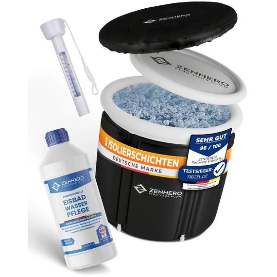 Zenhero Recovery Eisbad Bundle (85 cm Ø) – Höchster Komfort und viel Platz, größer als der Standard – Mit Thermometer & Wasserpflege – Kältetherapie für Zuhause – Eistonne mit 5 Isolierschichten