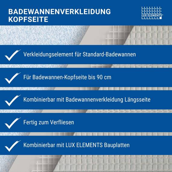 LUX ELEMENTS Badewannenverkleidung Kopfseite Fertig zum Verfliesen 90 x 60cm I Hartschaumplatte 3cm Verkleidungselement für die Badewanne mit höhenverstellbarem Fuß