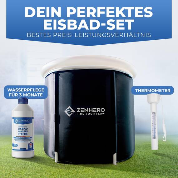 Zenhero Recovery Eisbad Bundle (85 cm Ø) – Höchster Komfort und viel Platz, größer als der Standard – Mit Thermometer & Wasserpflege – Kältetherapie für Zuhause – Eistonne mit 5 Isolierschichten