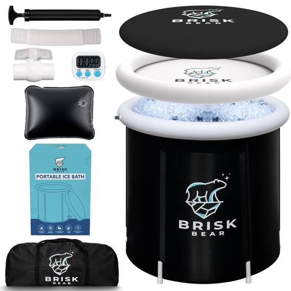 Eisbad für Sportler mit Abdeckung von Brisk Bear – extra große kalte Tauchwanne zur Erholung – Aufblasbares Eisbad Tauchbecken mit digitalem Timer – Kaltes Tauchen, um Muskeln zu beruhigen – Schwarze