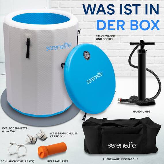 SereneLife Aufblasbare Eistonne – 322 L Kältebad für 1 Person mit Deckel, Drop-Stitch-PVC & Doppeldichtung, robuste Eisbad-Wanne zur Regeneration für Sportler