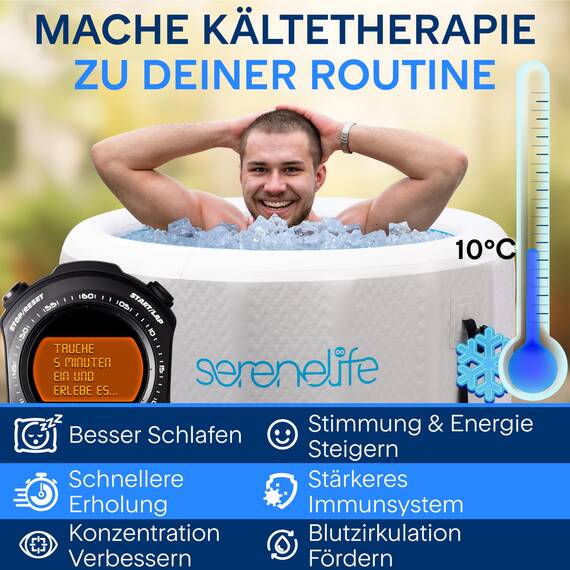 SereneLife Aufblasbare Eistonne – 322 L Kältebad für 1 Person mit Deckel, Drop-Stitch-PVC & Doppeldichtung, robuste Eisbad-Wanne zur Regeneration für Sportler