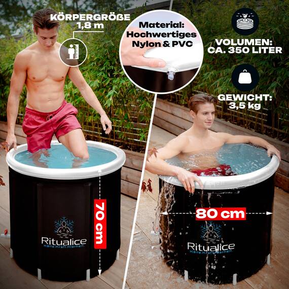 Ritualice® Premium Eisbad XL (80 cm Ø) TESTSIEGER - Eistonne Set mit Deckel und Stoffbezug - Eisbaden ideal für Kryotherapie und Regeneration - Eisfass mit 5-Facher Isolierung