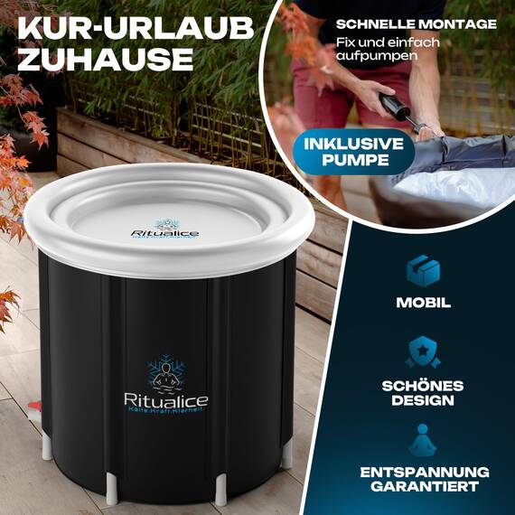 Ritualice® Premium Eisbad XL (80 cm Ø) TESTSIEGER - Eistonne Set mit Deckel und Stoffbezug - Eisbaden ideal für Kryotherapie und Regeneration - Eisfass mit 5-Facher Isolierung