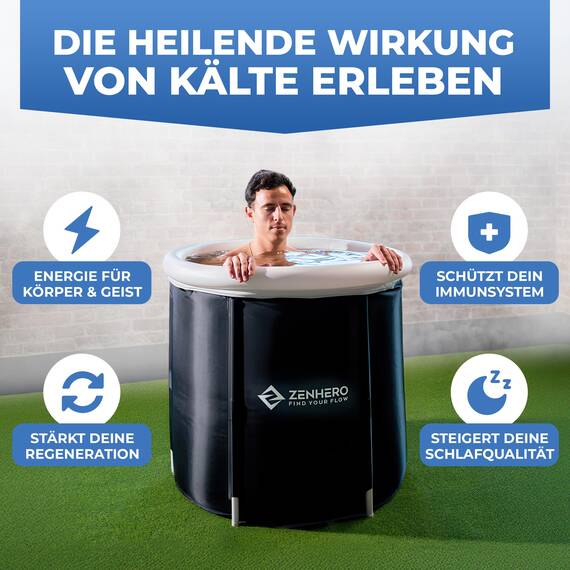 Zenhero Recovery Eisbad Bundle (85 cm Ø) – Höchster Komfort und viel Platz, größer als der Standard – Mit Thermometer & Wasserpflege – Kältetherapie für Zuhause – Eistonne mit 5 Isolierschichten