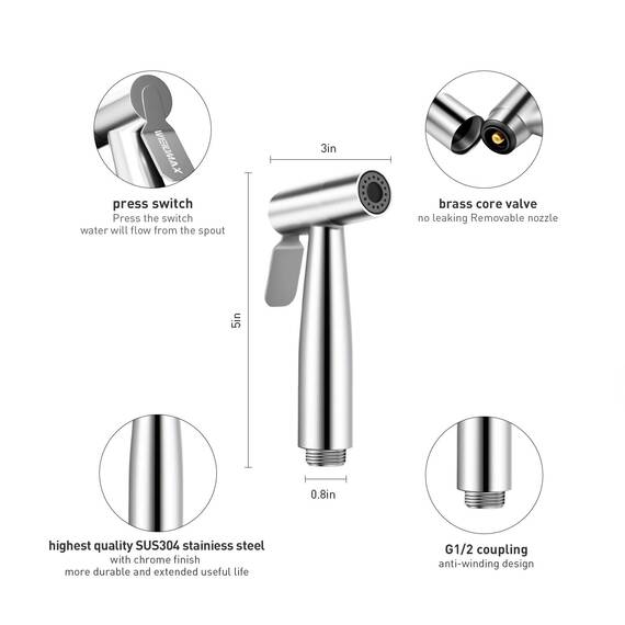 WEIDMAX Bidet-Handbrause, Hand Gehalten Bidet Sprayer Edelstahl Sprayer mit 49-Zoll-Schlauch und Halterung Halter, Includes T-adapter (G1/2''-3/8'')