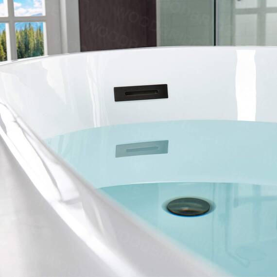 WOODBRIDGE 170 cm freistehende weiße Acryl-Badewanne mit mattschwarzem Abfluss und Überlauf, BTA1508-MB-Drain &O