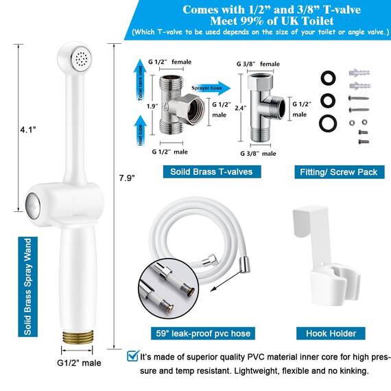 Bidet Handbrause mit Schlauch, SonTiy 7.9" Messing WC handbrause bidet mit Einstellbarem Druck G1/2" & G3/8" Umschaltventil für WC Dusche, Persönliche Hygiene Windel Dusche Tierbad, Weiß