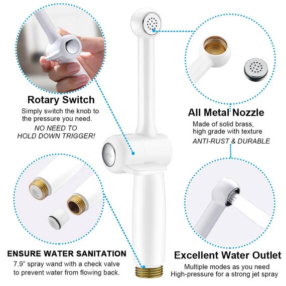Bidet Handbrause mit Schlauch, SonTiy 7.9" Messing WC handbrause bidet mit Einstellbarem Druck G1/2" & G3/8" Umschaltventil für WC Dusche, Persönliche Hygiene Windel Dusche Tierbad, Weiß