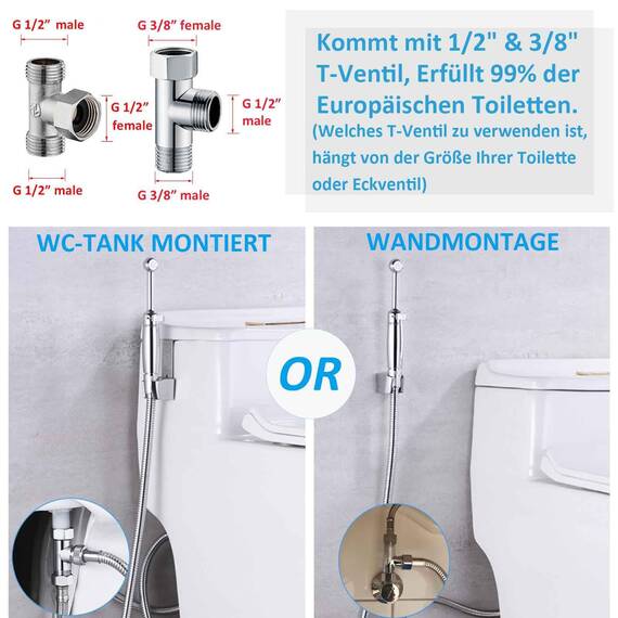 Bidet Handbrause mit Schlauch, SonTiy Messing WC handbrause bidet mit Einstellbarem Druck G1/2" & G3/8" Umschaltventil für WC Dusche, Persönliche Hygiene Windel Dusche Tierbad, Chrom