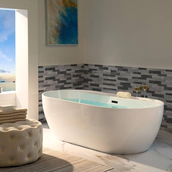 WOODBRIDGE B0059-MB freistehende Acryl-Badewanne, zeitgenössisch, mit mattschwarzem Überlauf und Abfluss, 183 cm