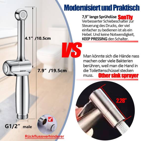 Bidet Handbrause mit Schlauch, SonTiy Messing WC handbrause bidet mit Einstellbarem Druck G1/2" & G3/8" Umschaltventil für WC Dusche, Persönliche Hygiene Windel Dusche Tierbad, Chrom