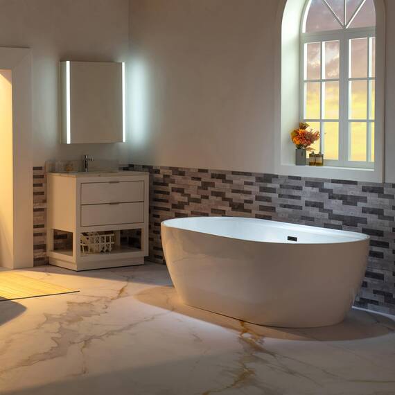 WOODBRIDGE B0059-MB freistehende Acryl-Badewanne, zeitgenössisch, mit mattschwarzem Überlauf und Abfluss, 183 cm