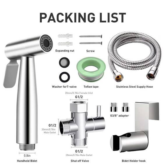 WEIDMAX Bidet-Handbrause, Hand Gehalten Bidet Sprayer Edelstahl Sprayer mit 49-Zoll-Schlauch und Halterung Halter, Includes T-adapter (G1/2''-3/8'')