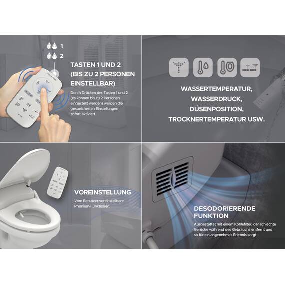LEEVENTUS Japanische Toilette – J850R Standard Version, Dusch-WC-Aufsatz mit tankloser Durchlauferhitzer-Technologie, mit Memoryfunktion, Sitzheizung, Fernbedienung, LED-Nachtlicht, Geruchsabsaugung