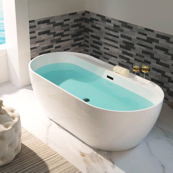 WOODBRIDGE B0059-MB freistehende Acryl-Badewanne, zeitgenössisch, mit mattschwarzem Überlauf und Abfluss, 183 cm