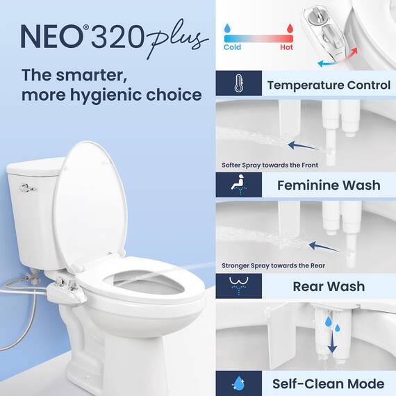 LUXE Bidet NEO 320 Plus – Mechanischer Bidet-Toilettensitzaufsatz der nächsten Generation mit innovativen EZ-Lift-Scharnieren, Doppeldüsen und 360°-Selbstreinigungsmodus (weiß)