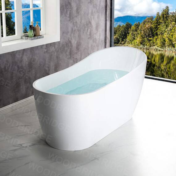 WOODBRIDGE 170 cm freistehende weiße Acryl-Badewanne mit mattschwarzem Abfluss und Überlauf, BTA1508-MB-Drain &O