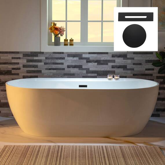 WOODBRIDGE B0059-MB freistehende Acryl-Badewanne, zeitgenössisch, mit mattschwarzem Überlauf und Abfluss, 183 cm