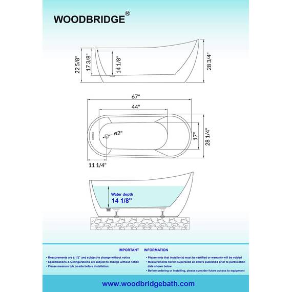 WOODBRIDGE 170 cm freistehende weiße Acryl-Badewanne mit mattschwarzem Abfluss und Überlauf, BTA1508-MB-Drain &O