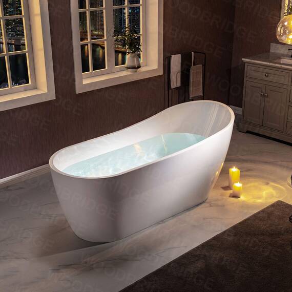 WOODBRIDGE 170 cm freistehende weiße Acryl-Badewanne mit mattschwarzem Abfluss und Überlauf, BTA1508-MB-Drain &O