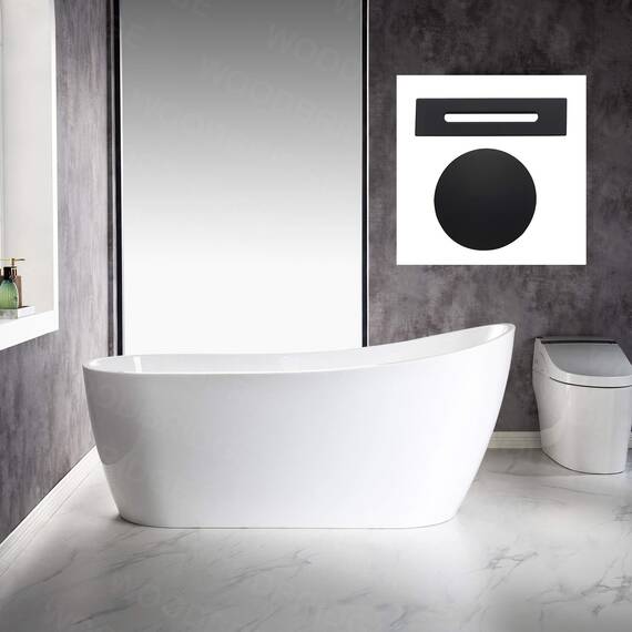 WOODBRIDGE 170 cm freistehende weiße Acryl-Badewanne mit mattschwarzem Abfluss und Überlauf, BTA1508-MB-Drain &O